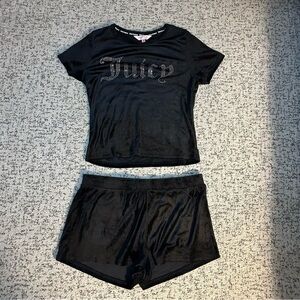 Juicy Couture Taylor Black Velvet & Silver Rhinestone T-Shirt & Shorts Set Large